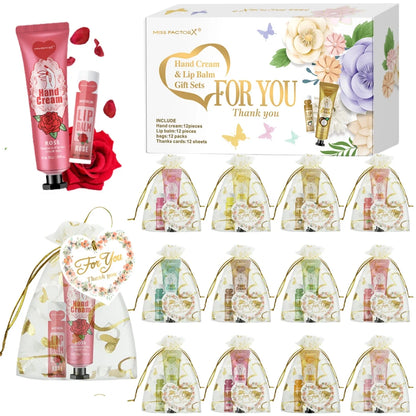 12 Hand gift Hand cream and lip balm set Friends Party Gift with love net bag and thank you card Holiday gift