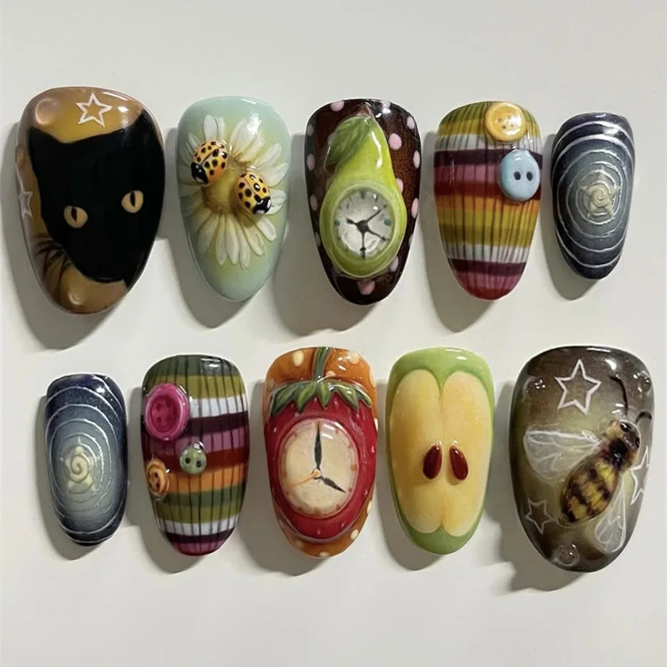 24pcs Gradient Black False Nails Yellow Star Moon Swan Pattern Press On Nails Sweet Cool Bowknots Flower Fake Nail Y2k Manicure