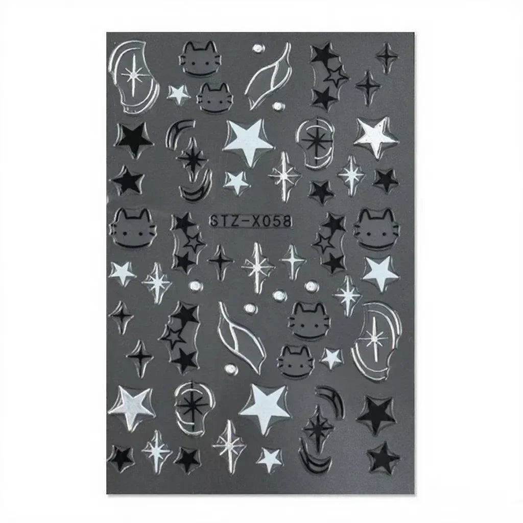Black Silver Cat Animals Nail Sticker Decals Y2K Charms Cute Dog Cartoon Adhesive Sliders Foils For Manicure Nail Art Decoration