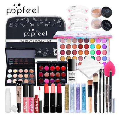 All in One Makeup Kit Gift Set with Eyeshadow Palette Foundation Lip Gloss Blush Brushes Eyeline Mixed Color Paste Long lasting
