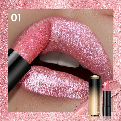 Metallic Shimmer Lipstick, Pearly Glitter Shine, Creamy Texture, High Color Payoff, Smooth Apply, Party Makeup