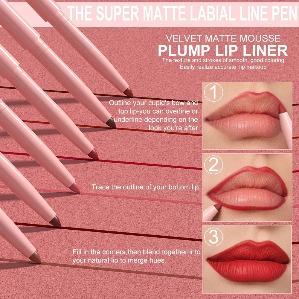 6pcs Matte Lip Liner Set Nude Brown Smooth Rose Red Pigmented Long Lasting Rotatable Lipstick Pencil Kit for Smooth Finish