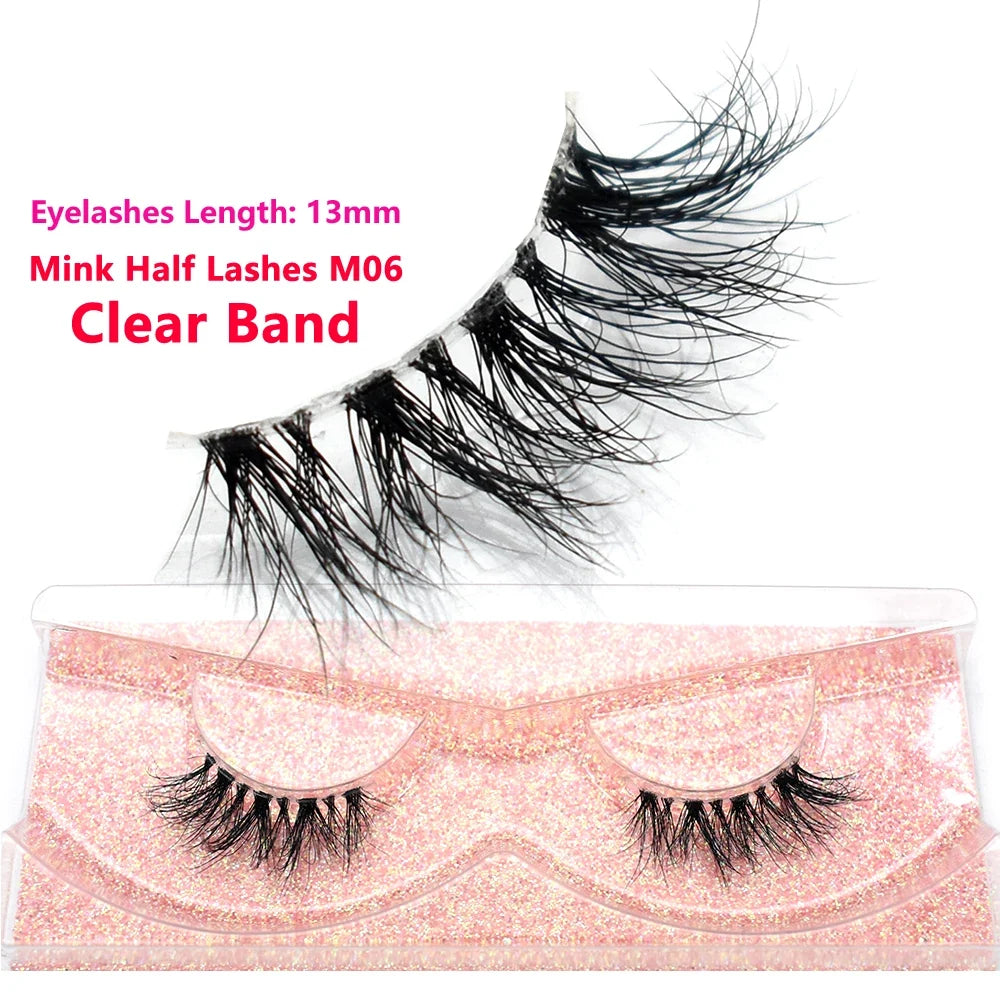 3D Mink Fluffy Half False Eyelashes Natural Soft Lightweight Clear Band Half Eye Strip Lashes Reusable Short Eyelashes Extension