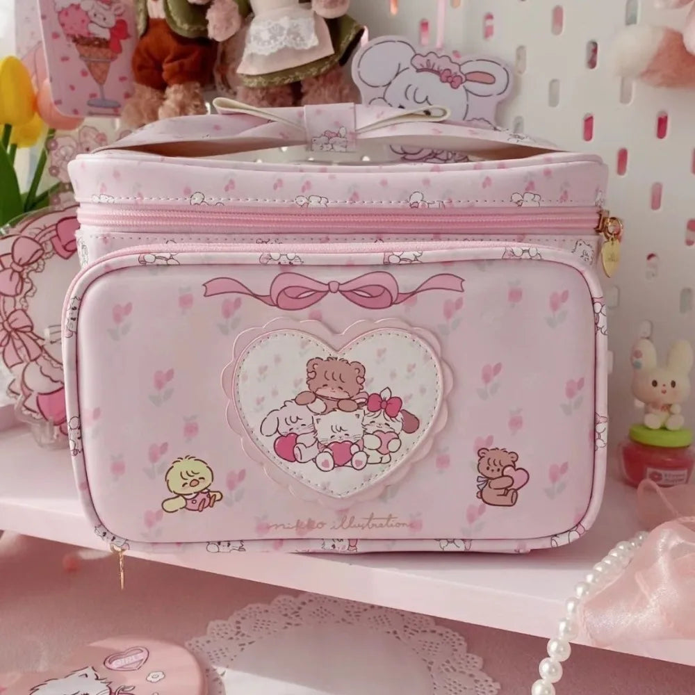 Square Shape Large Capacity Handbag Fashion PU PU Leather Makeup Bag Portable Handheld Toiletries Bag