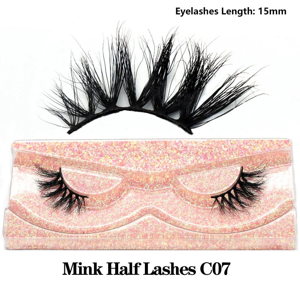 3D Mink Fluffy Half False Eyelashes Natural Soft Lightweight Clear Band Half Eye Strip Lashes Reusable Short Eyelashes Extension