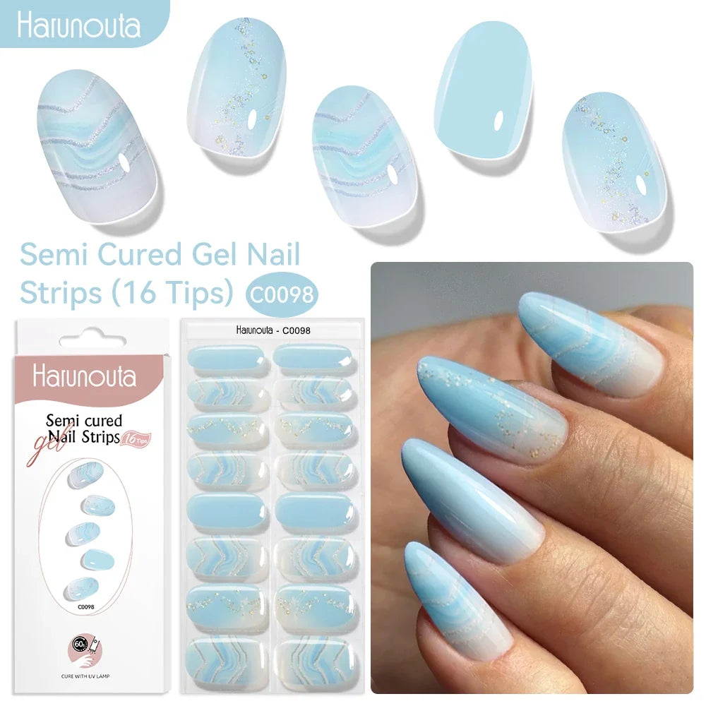 Harunouta 16strips Gradient Red Marble Gold Line Semi Cured Gel Nail Strips DIY Gel Polish Stickers for Nails Work with UV/LED