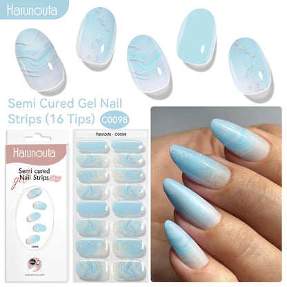 Harunouta 16strips Gradient Red Marble Gold Line Semi Cured Gel Nail Strips DIY Gel Polish Stickers for Nails Work with UV/LED