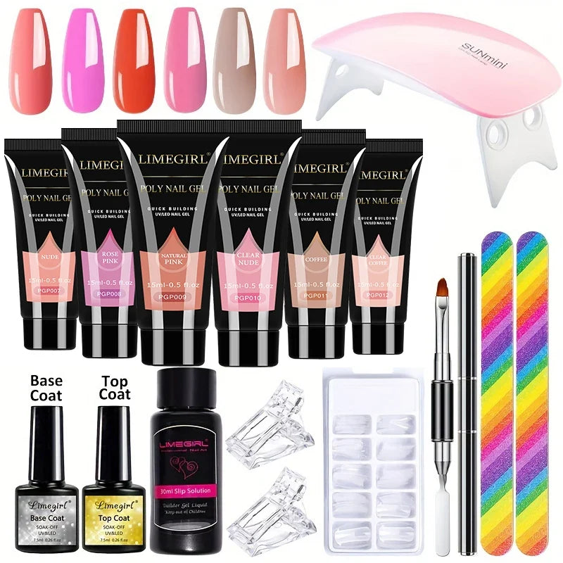 6PCS Extension Nail Polymer Gel Set 15ML Quick Building UV/LED Gel with Nails Mini Lamp for Manicure Extension Art DIY Tools Kit