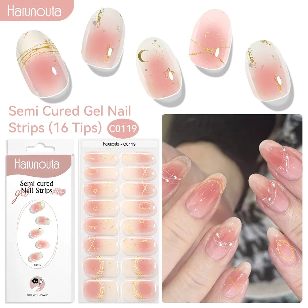 Harunouta 16strips Gradient Red Marble Gold Line Semi Cured Gel Nail Strips DIY Gel Polish Stickers for Nails Work with UV/LED
