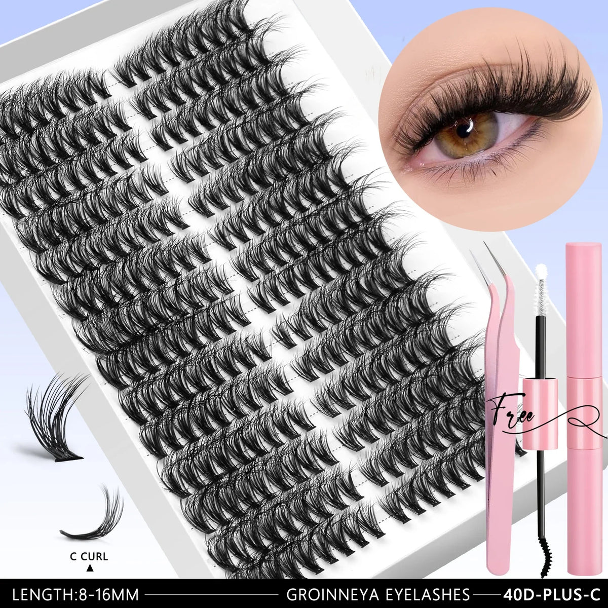 GROINNEYA DIY Eyelash Extension Kit Lashes Clusters Set Mix Eyelashes Full Set With Lash Bond&Seal and Eyelash Tweezers Makeup