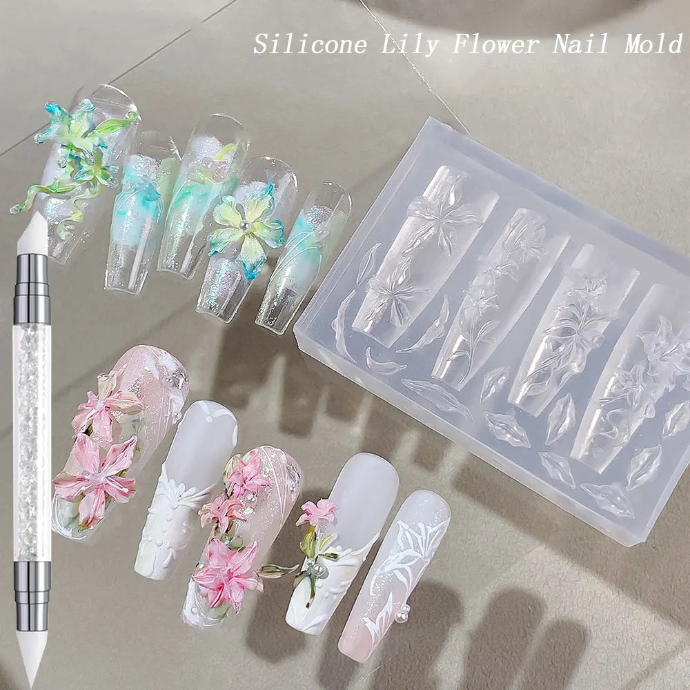 2/3pcs Relief Lily Flowers Nail Carving Mold 3D Silicone Hibiscus Flowers Petals Modeling Templates Clear Resin Epoxy Nail Tools