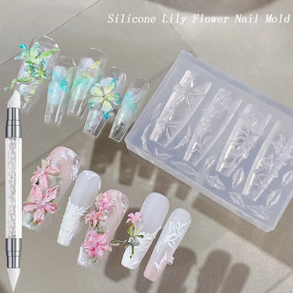 2/3pcs Relief Lily Flowers Nail Carving Mold 3D Silicone Hibiscus Flowers Petals Modeling Templates Clear Resin Epoxy Nail Tools