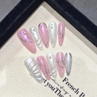 Handmade Press on Nails Blue Aurora Mermaid Fake Nail Patches Wearable Detachable French Pearl Almond False Nail Tips 10pcs
