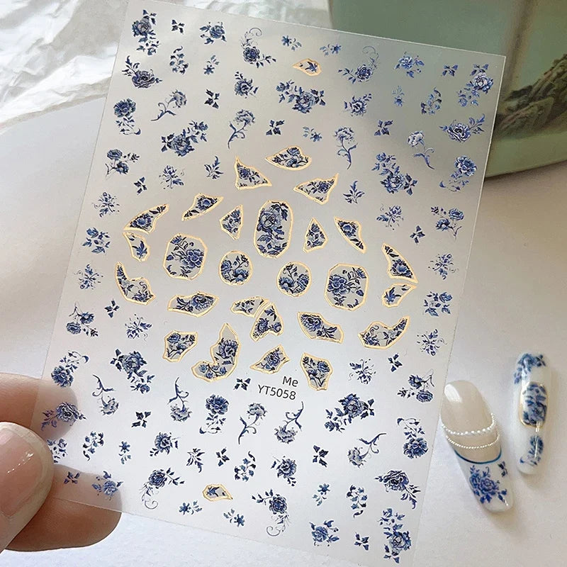 Blue White Porcelain Chinese Style Sticker 3D Self Adhesive Nail Art Sticker Flower Silverback Adhesive Manicure Decal Salon DIY