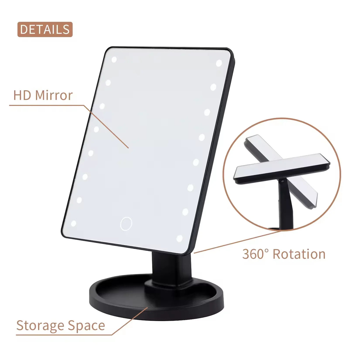 Vanity Lighted Makeup Mirror Square with stand, Desktop Beauty LED Cosmetic Mirror with Touch Screen Handheld Compact for Gifts