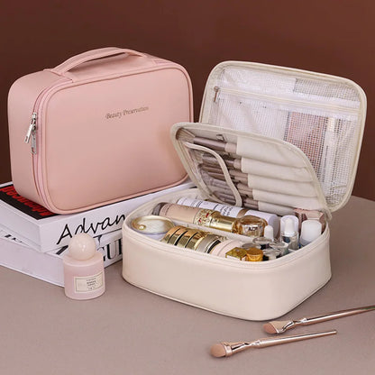 Wholesale PU Large Capacity Tote Makeup Bag Travel Organizer Tolietry Cosmetic Storage Bag Luxury Women Double Layer Pouch