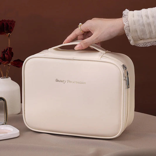 Wholesale PU Large Capacity Tote Makeup Bag Travel Organizer Tolietry Cosmetic Storage Bag Luxury Women Double Layer Pouch