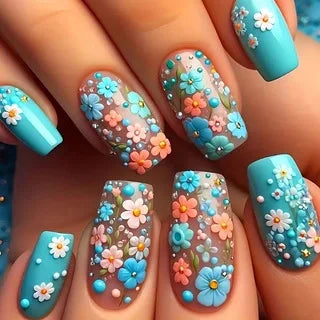 24pcs/set Medium long fake nails for women Spring summer flowers butterfly bee design faux ongles tips press on false nail art