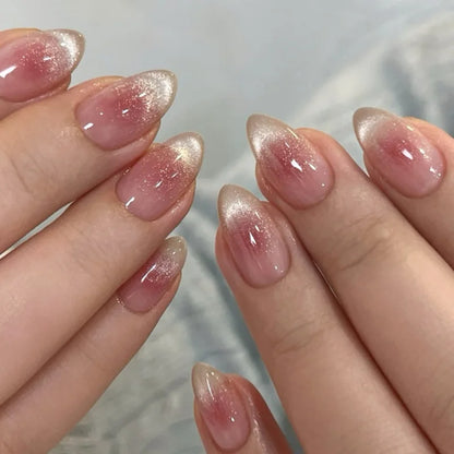 24pcs Glossy Red Cat's Eye Press On Nails Full Cover Nude Color Wearable Almond False Nails Charms Detachable Fake Nail For Girl