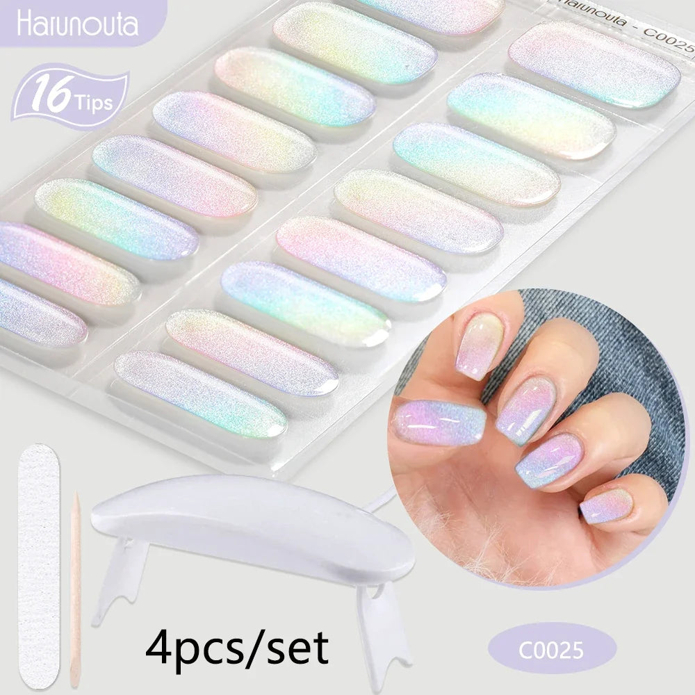 Harunouta 4pcs/set Gradient Jelly Semi Cured Gel Nail Strips with Nail Lamp Nude Pink Waterproof Nail Stickers Long Lasting Wrap