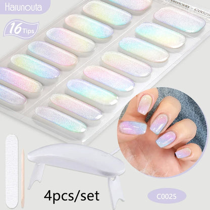 Harunouta 4pcs/set Gradient Jelly Semi Cured Gel Nail Strips with Nail Lamp Nude Pink Waterproof Nail Stickers Long Lasting Wrap