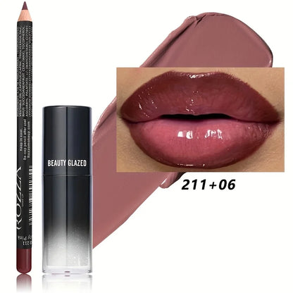2pcs/Set Smooth Lip Liner+Lip Oil Set Lip Combo Waterproof Lip Liner  Makeup, Long-Lasting Moisturizing Lip Makeup Lip Plump