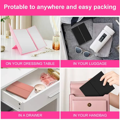 Get the Perfect Look Anywhere with the Portable Three-Sided LED Makeup Mirror - Ideal for Travel and Touch-Ups!