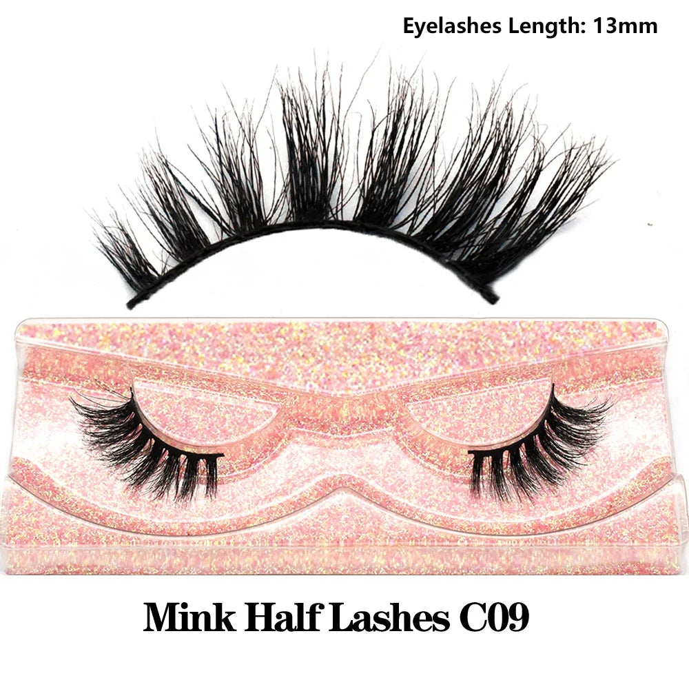 3D Mink Fluffy Half False Eyelashes Natural Soft Lightweight Clear Band Half Eye Strip Lashes Reusable Short Eyelashes Extension