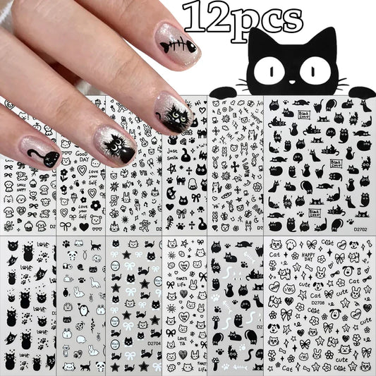 12sheet Cartoon Black Cat Nail Stickers Set Multiple Action Kawaii Puppy Kitten Nail Art Decals Adhesive Kids Manicure Decoratio