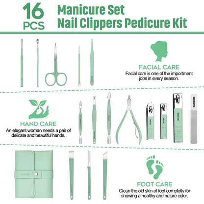 Professional 16pc Manicure Set - Stainless Steel with Case. Essential for nail, cuticle, and callus care. Perfect Household Gift