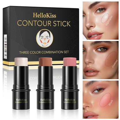 1 Set of 3 Contour Sticks, Highlighter Stick, Blush Stick, 3-Piece Cream Contour Set Including Contour Brush, Creates Facial Contours, Non-Greasy