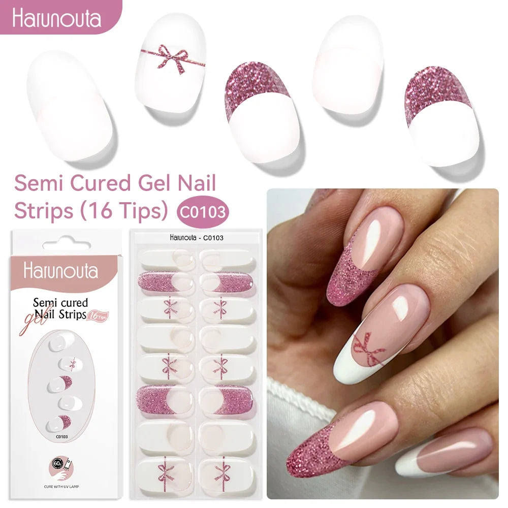 Harunouta 16strips Gradient Red Marble Gold Line Semi Cured Gel Nail Strips DIY Gel Polish Stickers for Nails Work with UV/LED