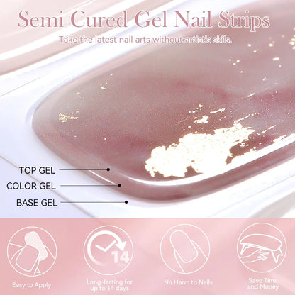 Harunouta 4pcs/set Gradient Jelly Semi Cured Gel Nail Strips with Nail Lamp Nude Pink Waterproof Nail Stickers Long Lasting Wrap