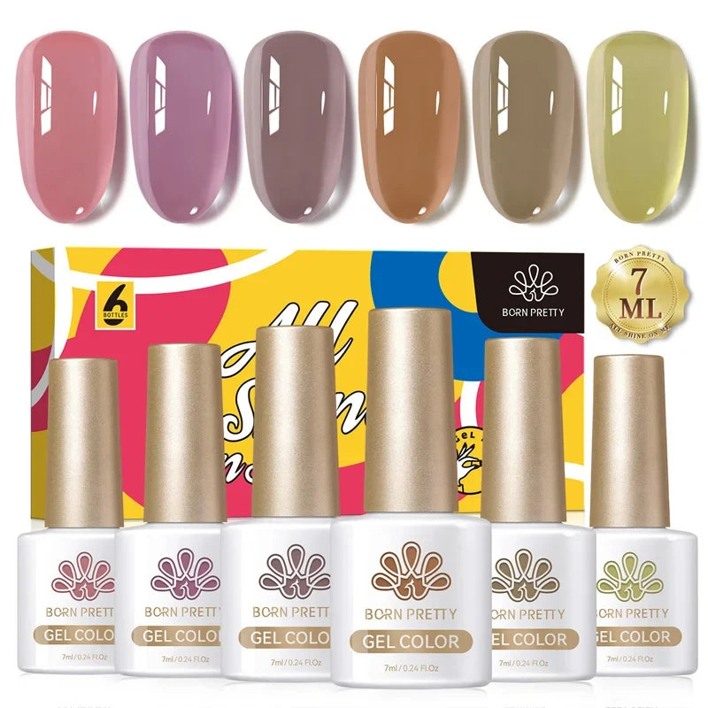 BORN PRETTY 6pcs Crystal Amber Gel Nail Polish Set Jelly Pink Nude Winter Semi Permanent Soak Off UV LED Varnish Manicure Kits