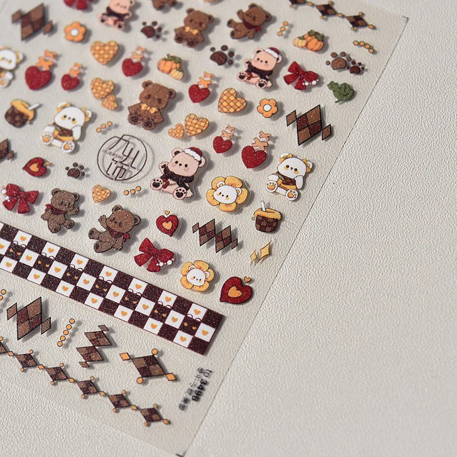1pcs 5D Japanese Kawaii Bear Nail Art Stickers Brown Cartoon Animals Self-Adhesive Nail Decoration Decals DIY Slider Accessories