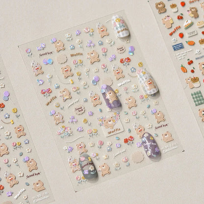 Lovely Animal Graffiti Cat Claw Rabbit Bunny Bear Dog Flower Fruit Dim Sum Candy Sunflower Adhesive 5D Nail Art Stickers Decal
