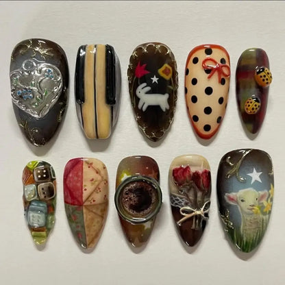 24pcs Gradient Black False Nails Yellow Star Moon Swan Pattern Press On Nails Sweet Cool Bowknots Flower Fake Nail Y2k Manicure