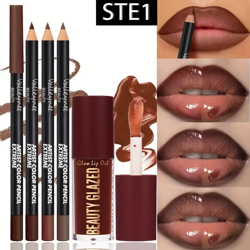 4pcs Dark Brown Lip Kit - Lip Liner + Lip Glaze, Waterproof & Long-Lasting Matte Effect,Versatile for Casual & Formal Occasions,