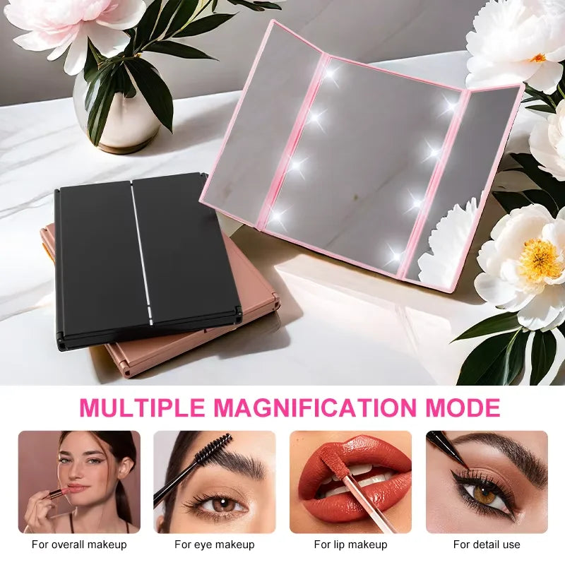 Get the Perfect Look Anywhere with the Portable Three-Sided LED Makeup Mirror - Ideal for Travel and Touch-Ups!