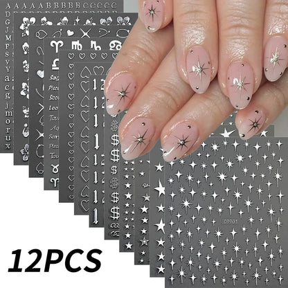 12pcs Bronzing Laser Star Nail Stickers 3D Alphabet/Heart/Flower Nail Art Self-Adhesive Sliders DIY Gradient Manicure Y2K Decals
