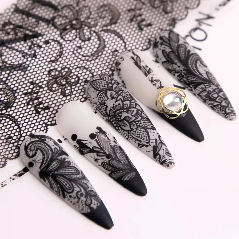 10 Rolls/Box White Black Lace Nail Art Foils Set Nail Transfer Sticker Paper DIY Manicure Nail Decoration Accessories