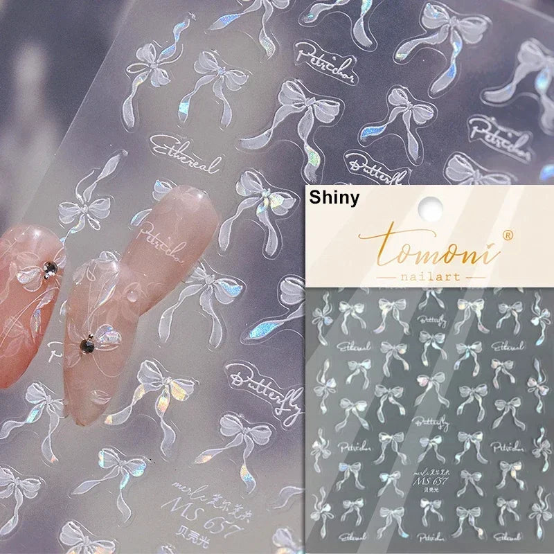 French Leopard Print Bowknot Lace Ribbon Rhinestone Pearl Bow Tie Simple White Black Nail Art Stickers Decoration Manicure Decal