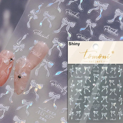 French Leopard Print Bowknot Lace Ribbon Rhinestone Pearl Bow Tie Simple White Black Nail Art Stickers Decoration Manicure Decal
