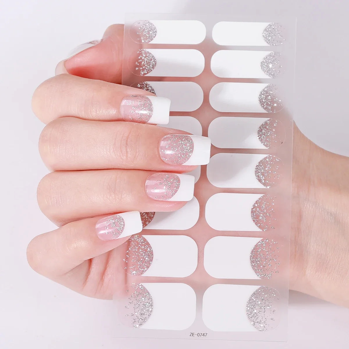 16Tips Full Cover French Nail Polish Strips Gradient Glitter Nail Stickers Self Adhesive Manicure Decoration Nail Art Decals