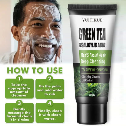 YUITIKUE Men's Facial Wash 60g - Green Tea & Salicylic Acid, Deep Cleansing, Oil Control, Tea Tree & Charcoal, For Men