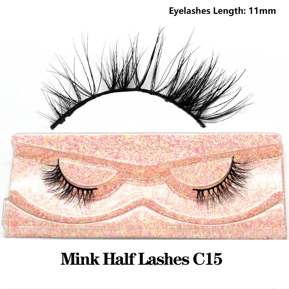 3D Mink Fluffy Half False Eyelashes Natural Soft Lightweight Clear Band Half Eye Strip Lashes Reusable Short Eyelashes Extension