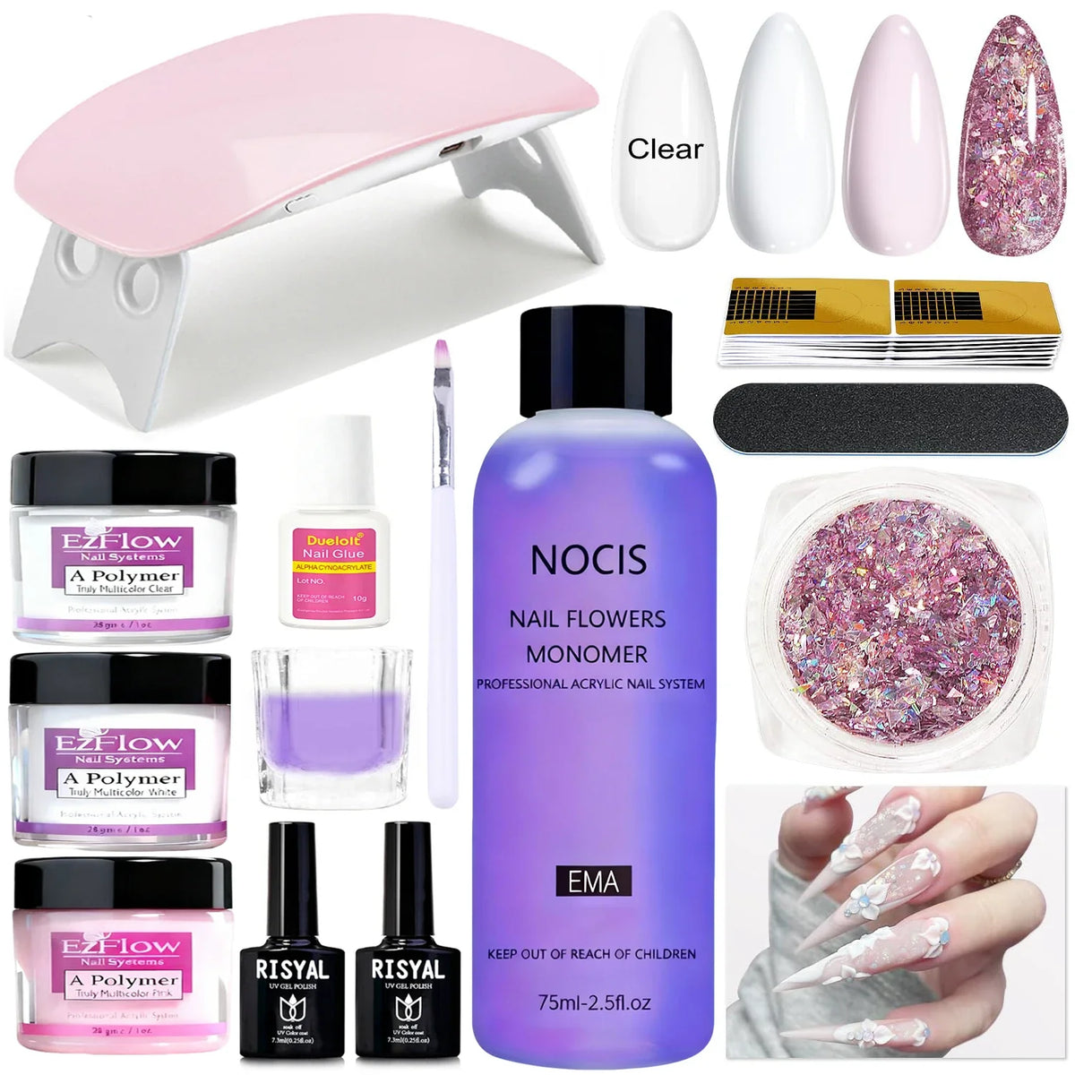 Acrylic Nail Kit ,Clear White Pink 28g Acrylic Powder and 75ml Liquid Set Brush Forms Cuticle Oil Pen Tools Manicure Nails Kit