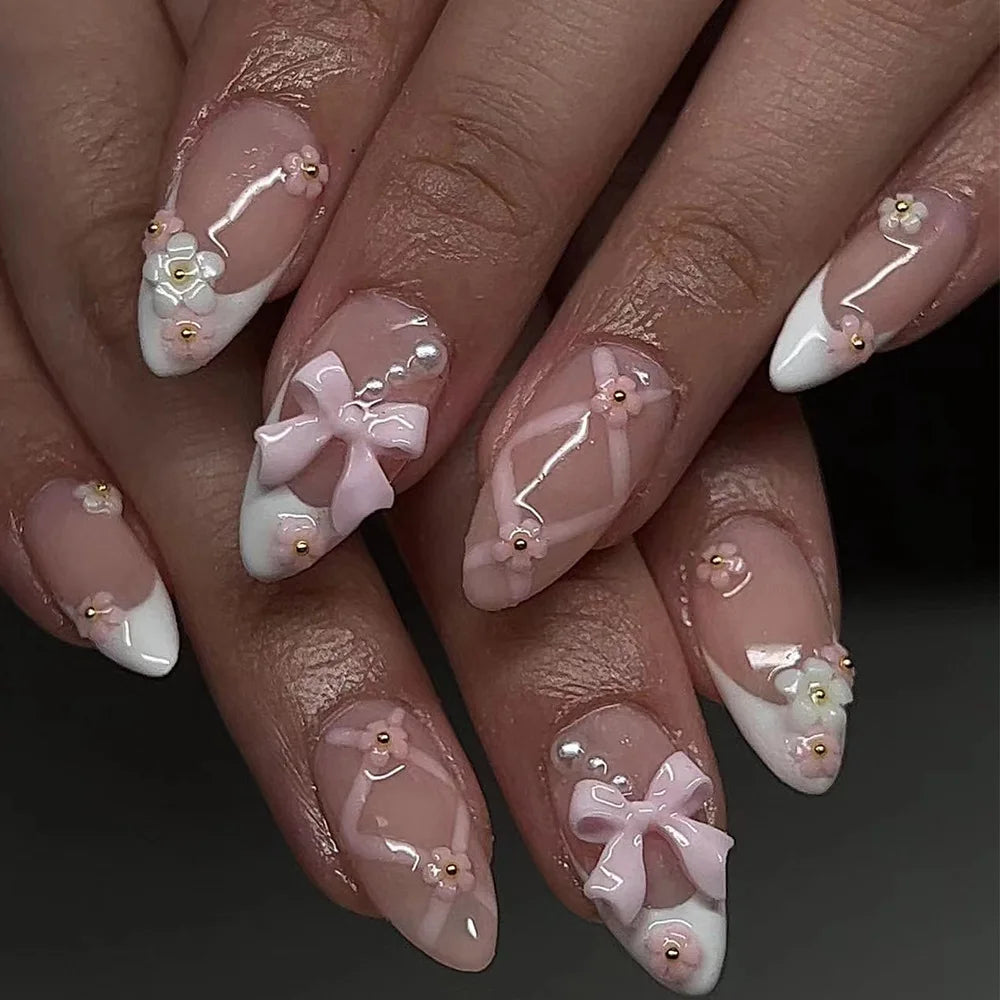 24PCS Wine Red Almond Press on Nails Cartoon Rabbit Bowknot with Plaid Pearl Designs French Fake Nails for Girls Detachable Nail