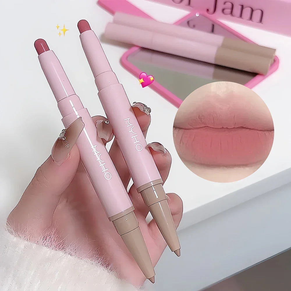 Double-head Matte Lipstick Waterproof Velvet Nude Pink Lip Liner Pencil Sexy Red Brown Pigment Lips Makeup Long Lasting Lip Tint
