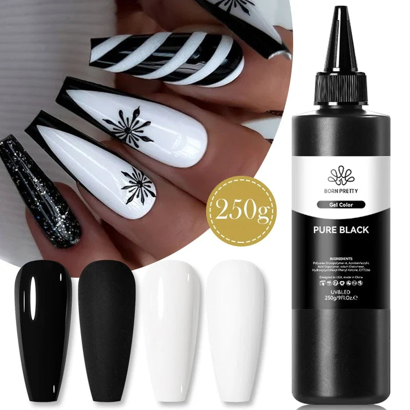 BORN PRETTY 250g Pure Black White Color Gel Nail Polish Semi Permanent Jelly Nude Gel Refilled Package Soak Off UV LED Gel